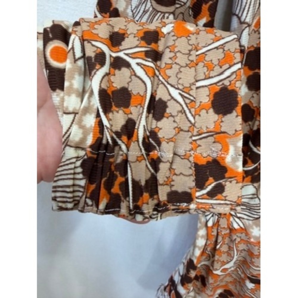 Vintage 70s Brown Orange Floral Dagger Collar Zip Back Top Small - Picture 5 of 5